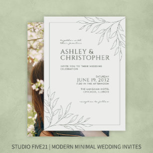 Moderne Grün-Foliage-Kontur-Foto Hochzeit Einladung