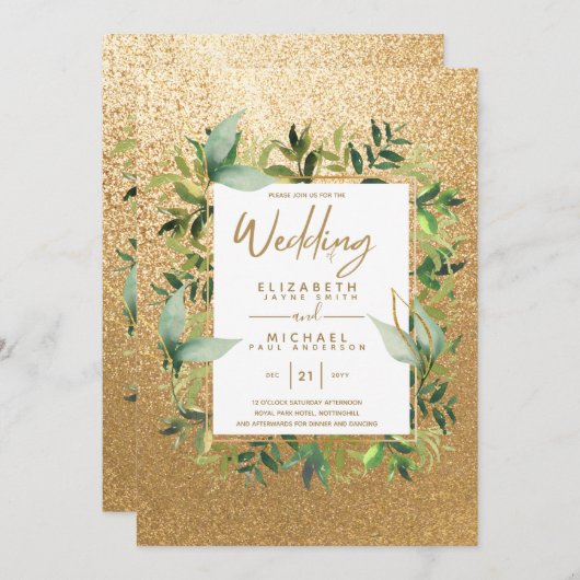 Moderne grün goldene Hochzeitsfeiern Einladung (Vorne/Hinten)