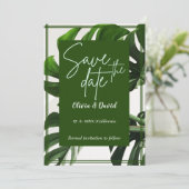 Moderne Grün- und Weiß-Tropen Save the Date Einladung (Stehend Vorderseite)
