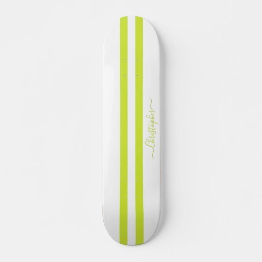 Moderne, grün-weiße Streifen Mit Monogramm Skateboard (Vorne)