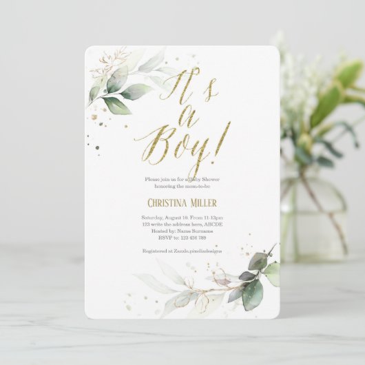 Moderne, Grünanlage, Aquarell, Baby Boy Dusche Einladung (Stehend Vorderseite)
