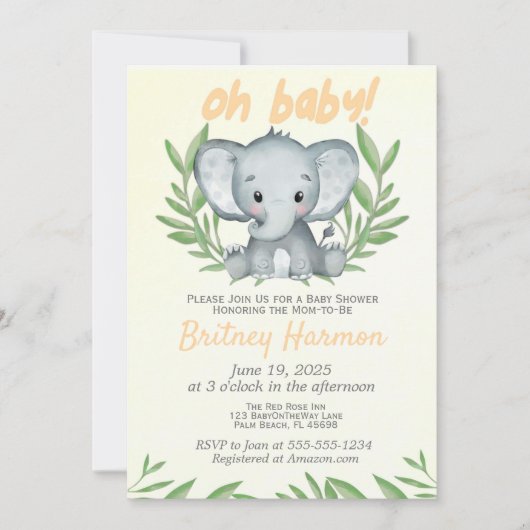 Moderne Grünanlage Elefant Neutral Baby Shower Inv Einladung (Vorderseite)
