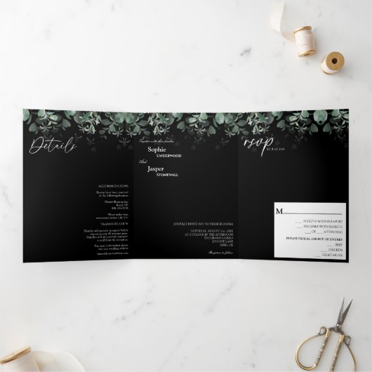 Moderne Grünanlage Schwarz Tri-Fold Hochzeit Einla Dreifach Gefaltete Einladung (Innenseite)