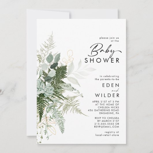 Moderne Grünanlage und Gold Couples Kinderdusche Einladung (Vorderseite)