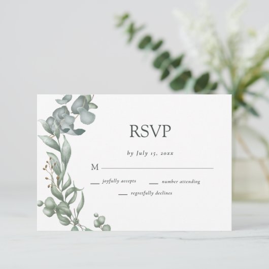 Moderne Grünanlage Weiß und Sage Simple Wedding RSVP Karte (Stehend Vorderseite)