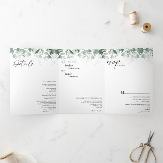 Moderne Grünanlage White Tri-Fold Hochzeit Einladu Dreifach Gefaltete Einladung (Innenseite)