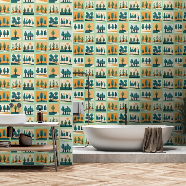 Moderne Grünbäume Tapete (Badezimmer)