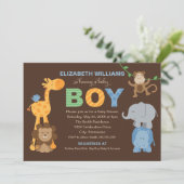 Moderne grünbraune Jungle Animals Boy Baby Dusche Einladung (Stehend Vorderseite)