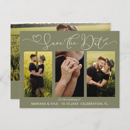 Moderne grüne 4 Fotos Hochzeit speichern das Datum (Vorne/Hinten)