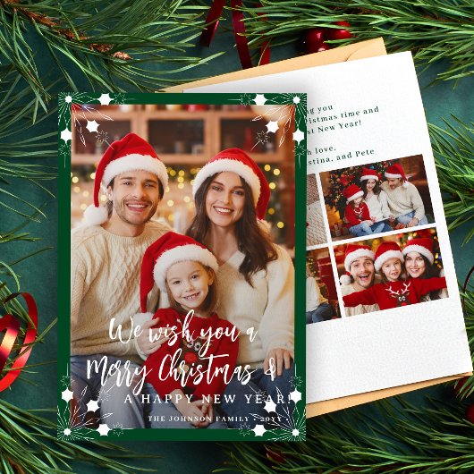 Moderne grüne 5 Foto Collage Frohe Weihnachten