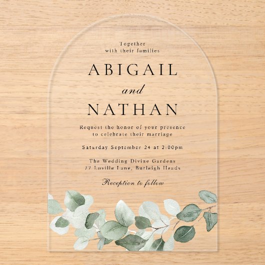 Moderne grüne Blätter Arch Wedding Acryleinladungen (Vorderseite)