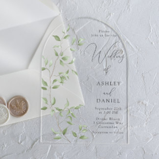 Moderne grüne Blätter elegante Hochzeit Acryleinladungen