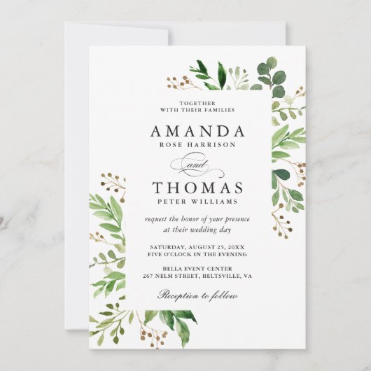 Moderne Grüne Blätter Foliage Frame Wedding Einladung (Vorderseite)
