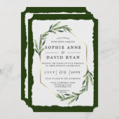 Moderne grüne Blätter Goldrahmen Hochzeit Einladung (Vorne/Hinten)