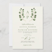 Moderne, grüne Blätter - Hochzeit auf Monogramm Einladung (Vorderseite)