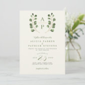 Moderne, grüne Blätter - Hochzeit auf Monogramm Einladung (Stehend Vorderseite)