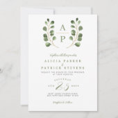 Moderne, grüne Blätter - Hochzeit auf Monogramm Einladung (Vorderseite)