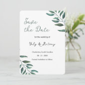 Moderne grüne Blätter Minimalistisch Elegant Save The Date (Stehend Vorderseite)