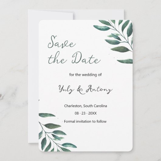 Moderne grüne Blätter Minimalistisch Elegant Save The Date (Vorderseite)