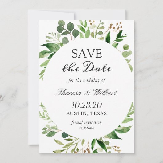 Moderne grüne Blätter Wreath Elegante Einfache Hoc Save The Date (Vorderseite)