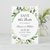 Moderne grüne Blätter Wreath Elegante Einfache Hoc Save The Date (Stehend Vorderseite)