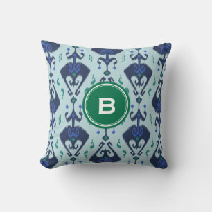 Moderne grüne blaue Ikat-Stammesmuster-Monogramm Kissen