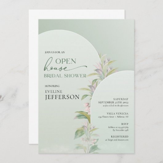 Moderne grüne Blume mit Arkaden Open House Einladung (Vorne/Hinten)