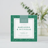 Moderne grüne Blumenmuster Hochzeit retten das Dat Save The Date (Stehend Vorderseite)