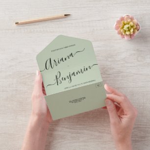 Moderne grüne Chic Hochzeit Elegante Name Skript All In One Einladung