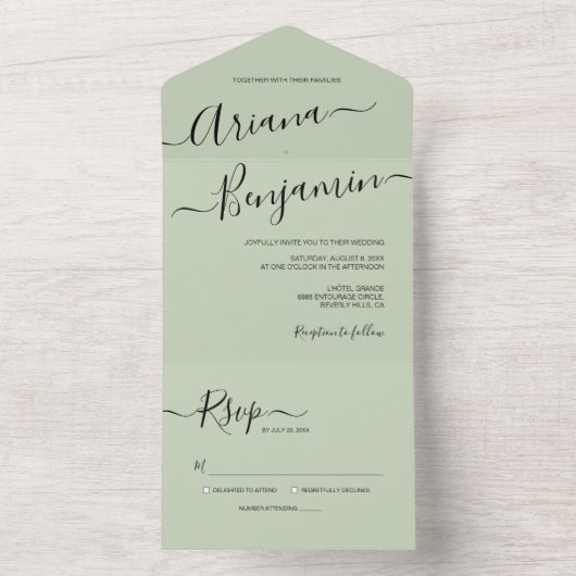 Moderne grüne Chic Hochzeit Elegante Name Skript All In One Einladung (Innen Boden)