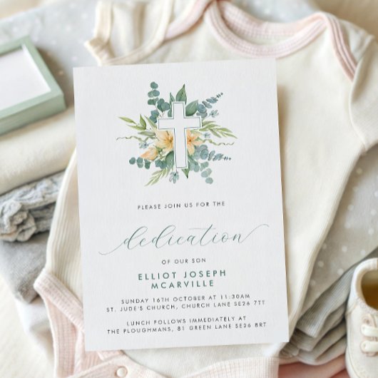 Moderne Grüne Cross Script Baby Dedication Einladung