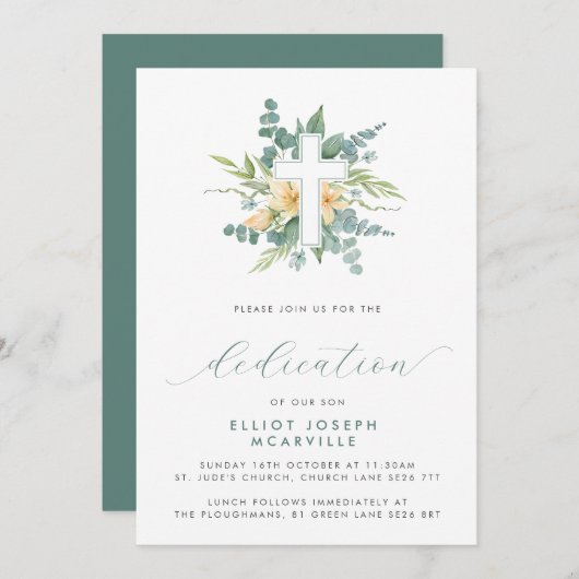 Moderne Grüne Cross Script Baby Dedication Einladung (Vorne/Hinten)