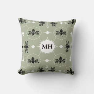 Moderne grüne elegante schwarze Bienen-Muster-Mono Kissen