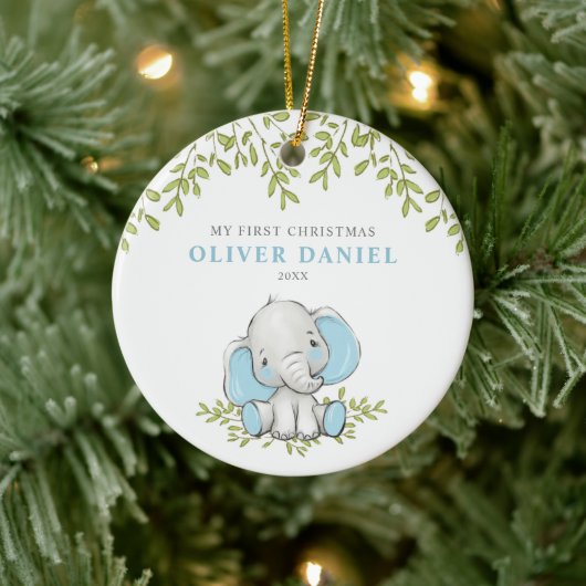 Moderne Grüne Elephant Junge Erste Weihnacht Keramik Ornament (Baum)
