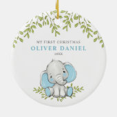 Moderne Grüne Elephant Junge Erste Weihnacht Keramik Ornament (Hinten)