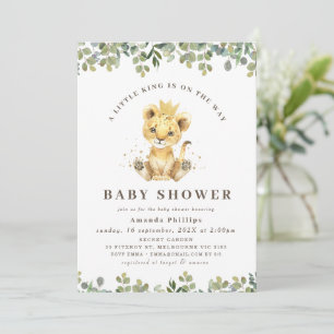 Moderne grüne Eucalyptus Foliage Löwe Baby Dusche Einladung