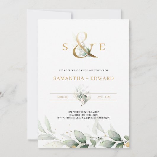 Moderne grüne Eukalyptus Gold Monogramm Einladung (Vorderseite)