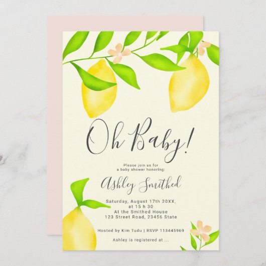 Moderne grüne gelbe Zitronenwasserfarbe Babydusche Einladung (Vorne/Hinten)