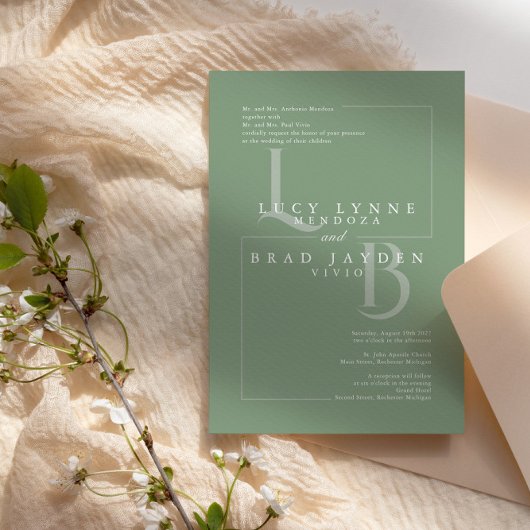 Moderne grüne geometrische Initialen zum Hochzeits Einladung