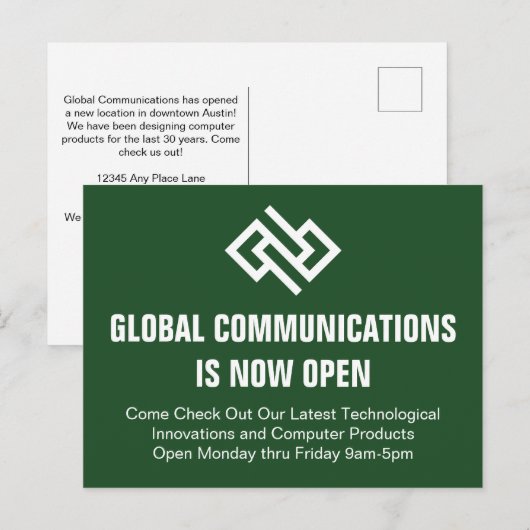 Moderne grüne Geschäftseröffnungs-Werbung Postkarte (Vorne/Hinten)