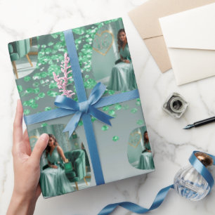 Moderne grüne Glitter-Ombre-Fotovorlage Geburtstag Geschenkpapier