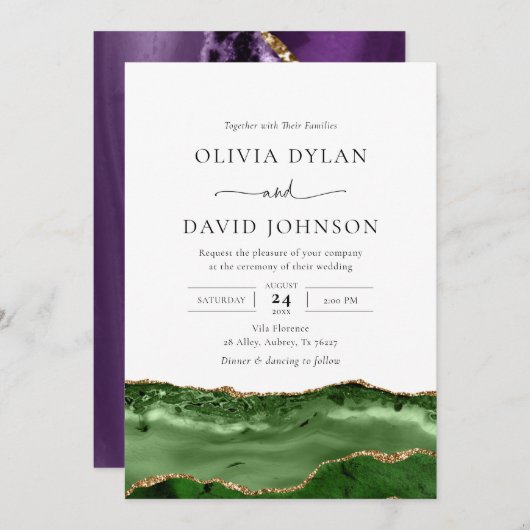 Moderne, grüne Gold Agate Hochzeit Einladung (Vorne/Hinten)