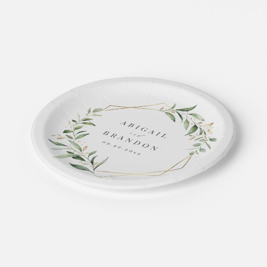 Moderne Grüne Goldene geometrische Hochzeit Pappteller (Schrägansicht)