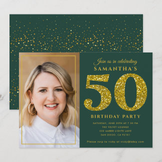 Moderne grüne goldene Glitter 50. Geburtstagsfoto Einladung