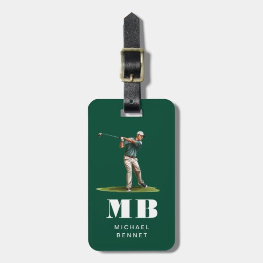 Moderne grüne Golfer-Sport-Monogramm Gepäckanhänger (Vorderseite vertikal)