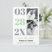 Moderne, grüne, graue Typografie mit zwei Fotos Save The Date (Stehend Vorderseite)