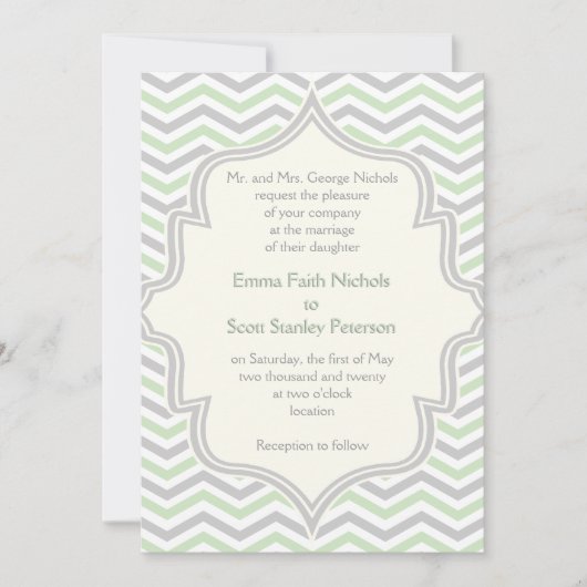 Moderne, grüne, graue Zickzack Zick-Zack-Hochzeit Einladung (Vorderseite)