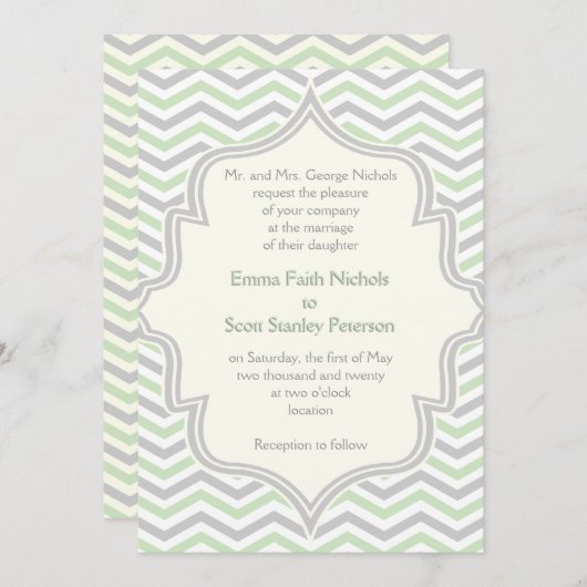 Moderne, grüne, graue Zickzack Zick-Zack-Hochzeit Einladung (Vorne/Hinten)