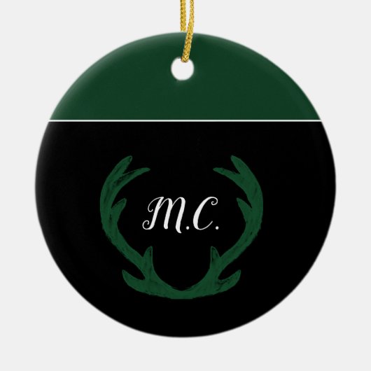 Moderne grüne Hirschgeweih-Monogramm Keramik Ornament (Vorne)