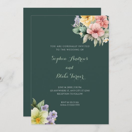 Moderne grüne Hochzeitseröffnungsfeiern und Blume Einladung (Vorne/Hinten)